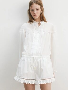 H&M White Lace-Trimmed Poplin Cotton Shorts XS